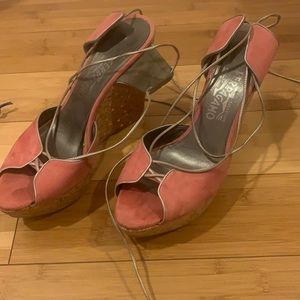 Pink Suede Lace Up Wedges
